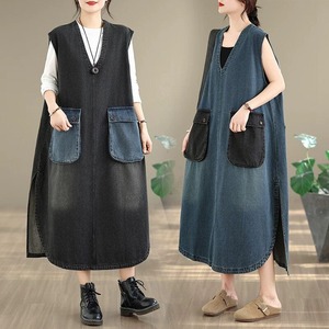 CONTRAST DESIGN POCKETS V-NECK SLEEVELESS DENIM JUMPER DRESS 2colors M-16497