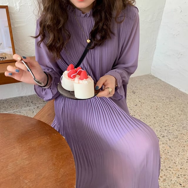 ワンピース レディース ロングワンピ プリーツ 長袖 ハイネック 透け感 フレア ゆったり ベルスリーブ 上品 おしゃれ お出かけ パーティ デート 秋冬 結婚式 カラバリ豊富 パープル/アプリコット/ブラック/レッド