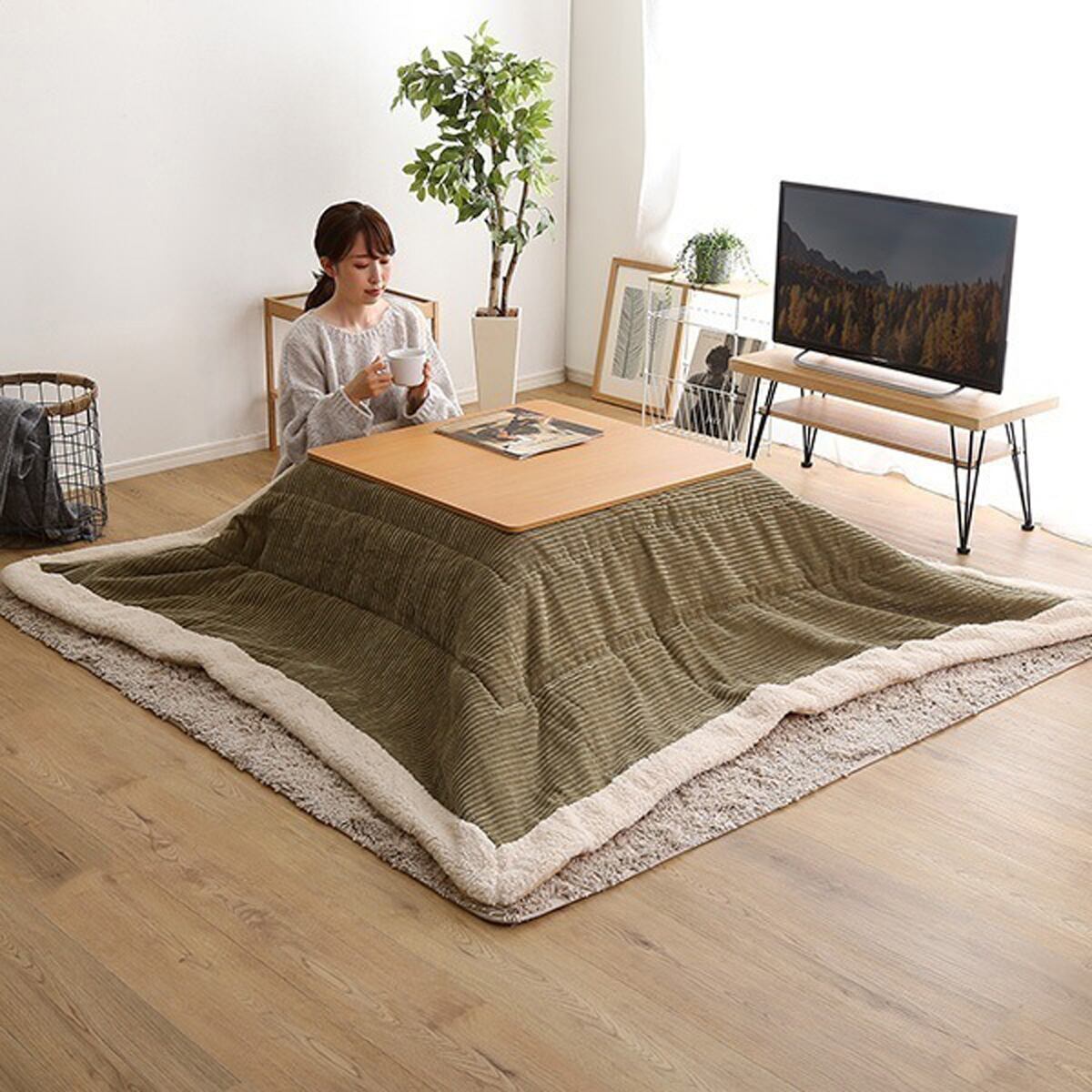 リバーシブル天板の木目調カジュアルこたつ布団セット(コーデュロイ) 正方形(70×70cm幅)SH-01