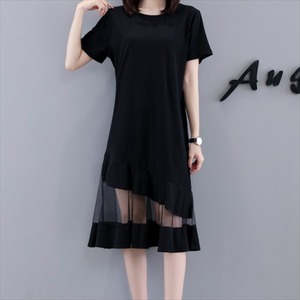 【送料無料】 ドレス 半袖 ワンピース ラウンドネック カジュアル系 透け感 シースルー 大人可愛い きれいめ 体系カバー 無地 ひざ丈 ひざ下丈 こなれ感 夏 20代 30代 レディースファッション 可愛い お出かけ 女子会 デイリーユース お茶会 お呼ばれ ブラック