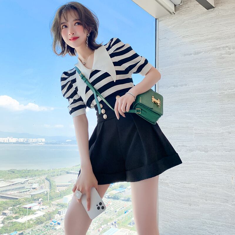 ストライプニットトップス ウェストダブルブレストAラインショーツ セット サマー 夏物 ブルマー MIUCO78729903848