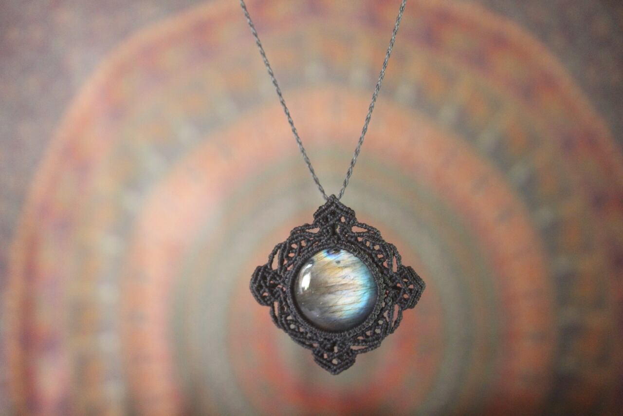 Multi color Labradorite micro macrame mandala pendant