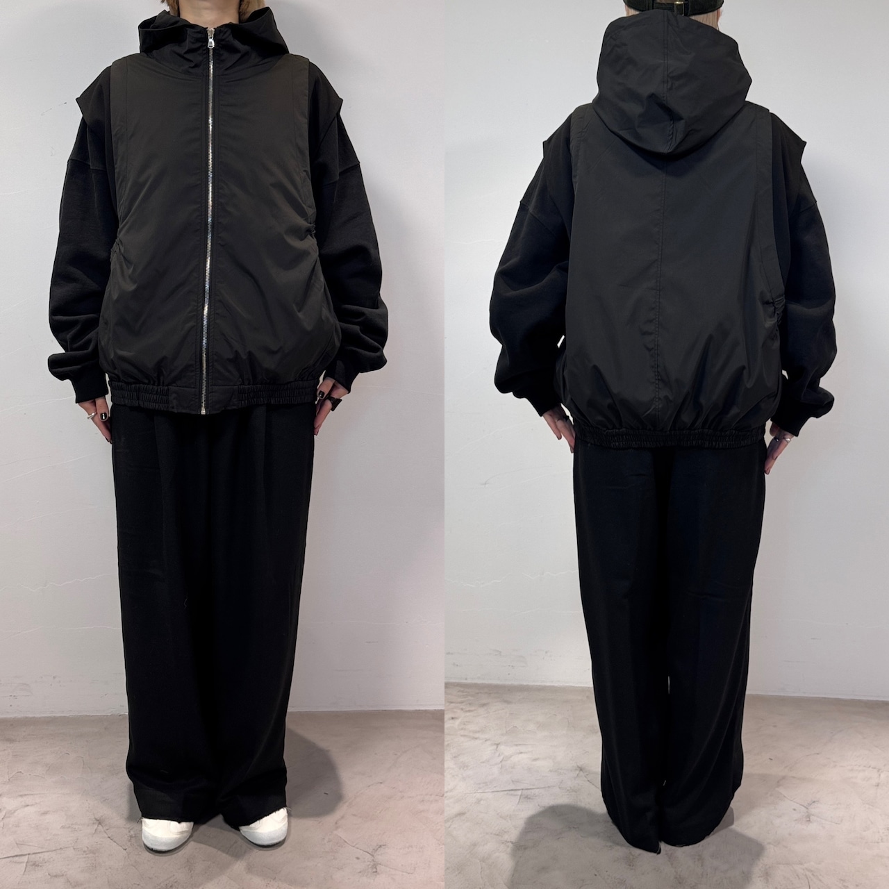 【受注予約:3月上旬入荷予定】異素材ドッキングフーディーvest/ブラック