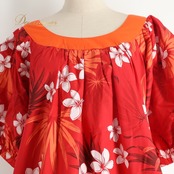 フラダンス 衣装 FANCY DRESS ファンシードレス ワンピース ドレス レッド系 プルメリア柄 花柄 植物柄 ハワイアンプリント ハワイアン アロハ フラ ダンス レッスン 練習 オレンジ系 赤 橙 白 茶 ホワイト系 ブラウン系 華やか 鮮やか かわいい おしゃれ 上品