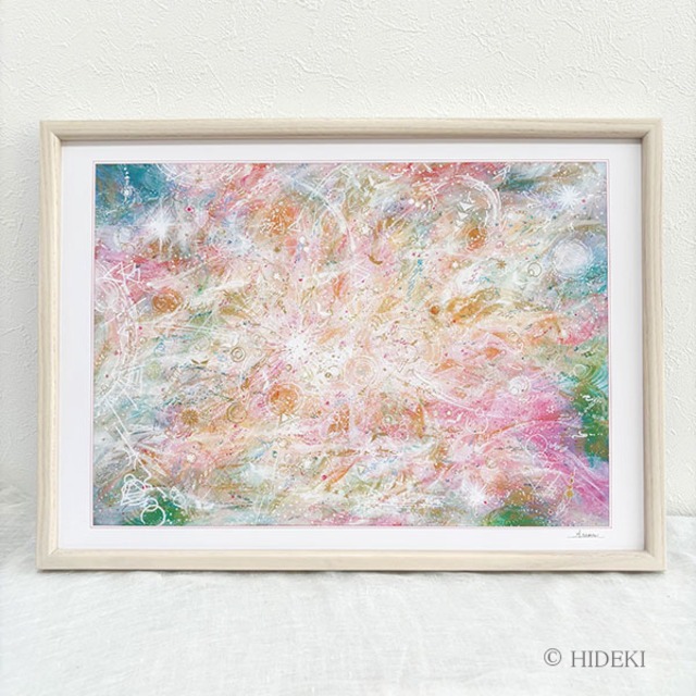ヒーリングアート スピリチュアルアート 抽象画 風水 開運『CELEBRATION』HIDEKI 直筆サイン入り 光の絵（A3横型額入り / HYMジクレー / 乳白アッシュフレーム・UVカット仕様）