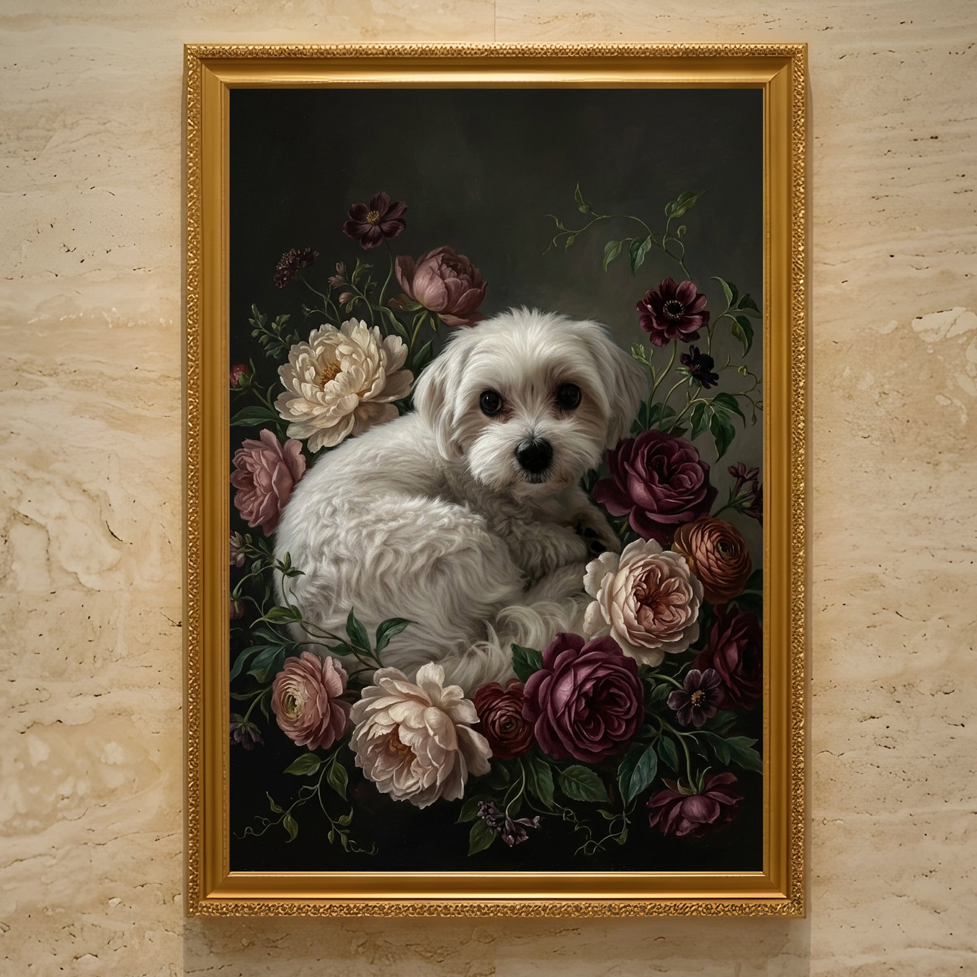 犬（マルチーズ）の花に囲まれた油絵風アート A3額装インテリア壁掛け
