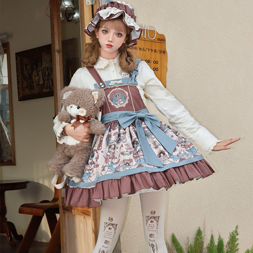 量産型 ロリィタ ジャンパースカート レトロ 甘ロリ ウエストリボン プリント柄