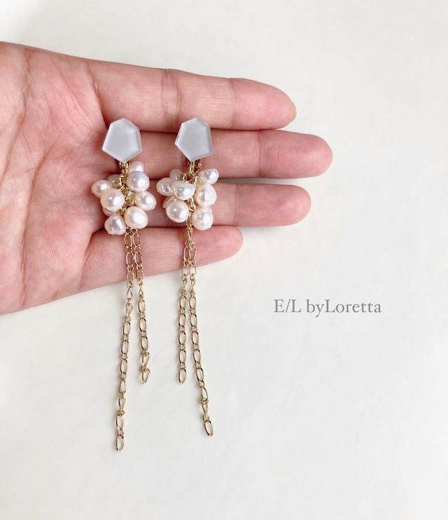 Mini KAKERA 淡水パール ×chain tassel pierce/earring(Gray) [cc]