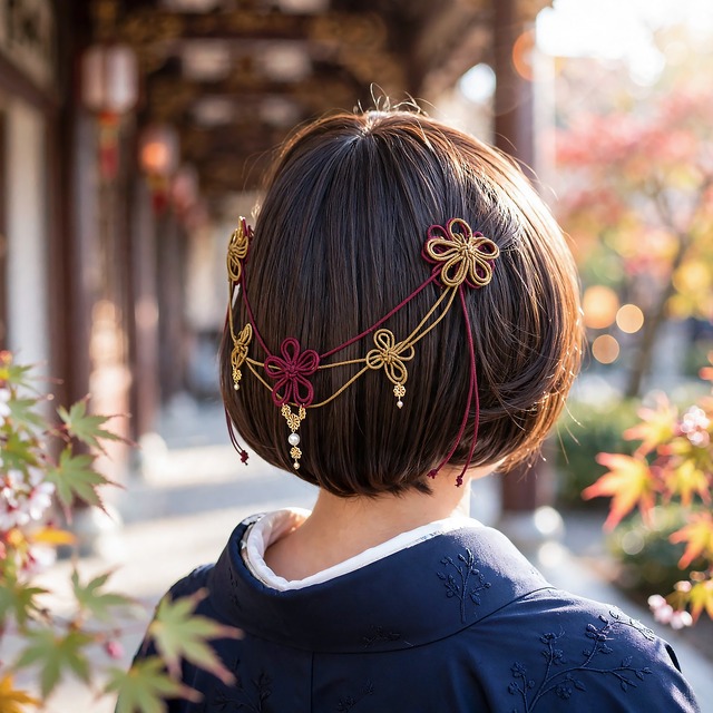 飾り結びヘアコーム「みちゆきて希」（臙脂×カーキ）【和風バックカチューシャ】浴衣・着物・フォーマルに。