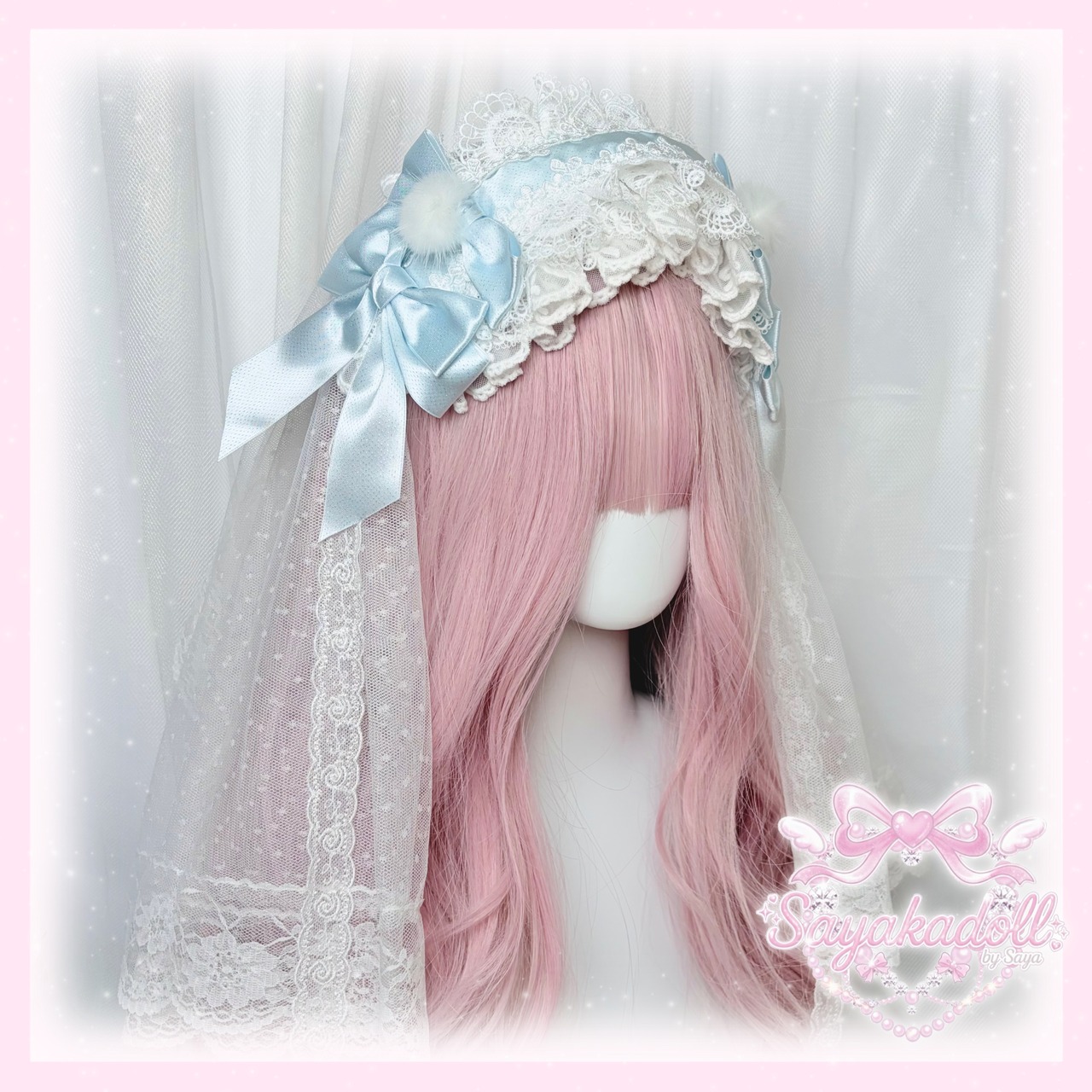 ♡【全5色】ヴェール別売り ぽんぽん付き ダブルリボン フリルレースヘッドドレス light blue×pink ♡