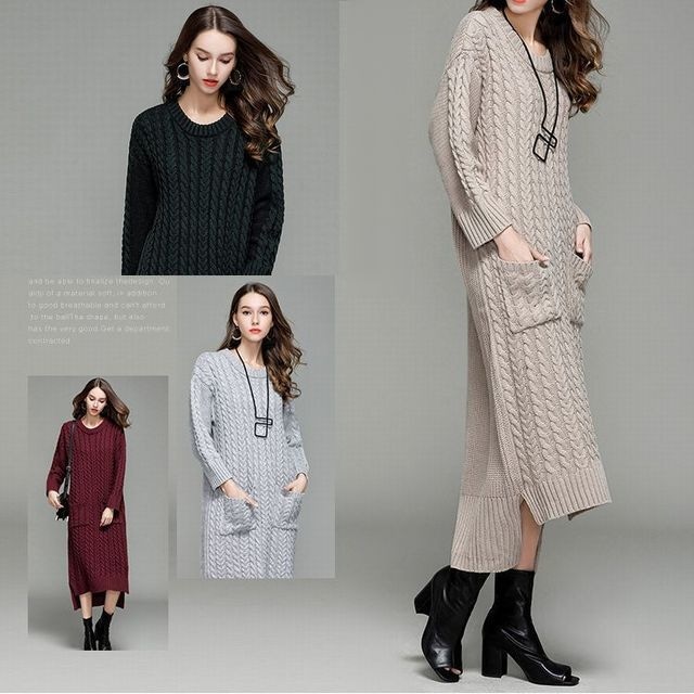 ポケット付き！！クラシックツイストパターンルーズセーターロングワンピース / Women Long Length Classic Twisted Pattern Loose Sweater Dress (DCT-576557505405)