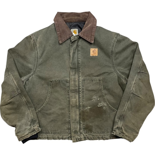 《M》Carhartt カーハート トラディショナルジャケット 短丈 フェード ダメージ 襟コーデュロイ モスグリーン USA製 no.10573