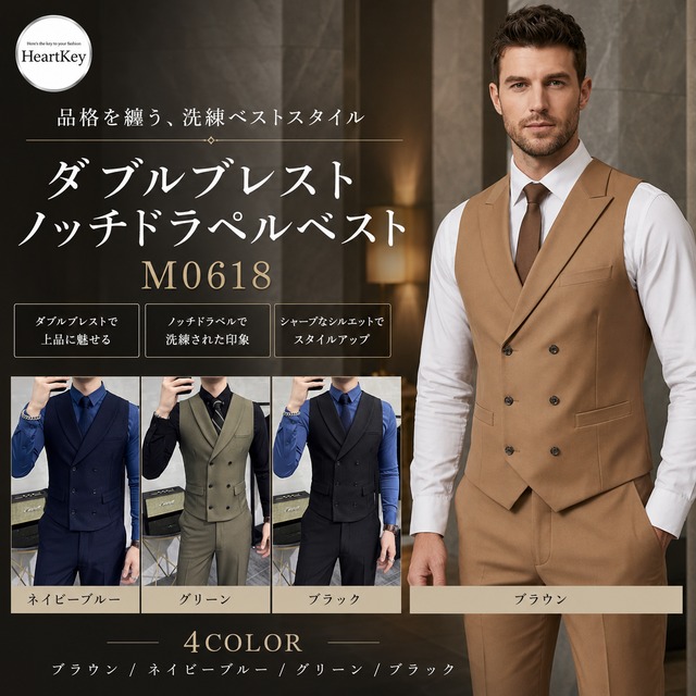 ダブルブレストノッチドラペルベスト （4color） M0618
