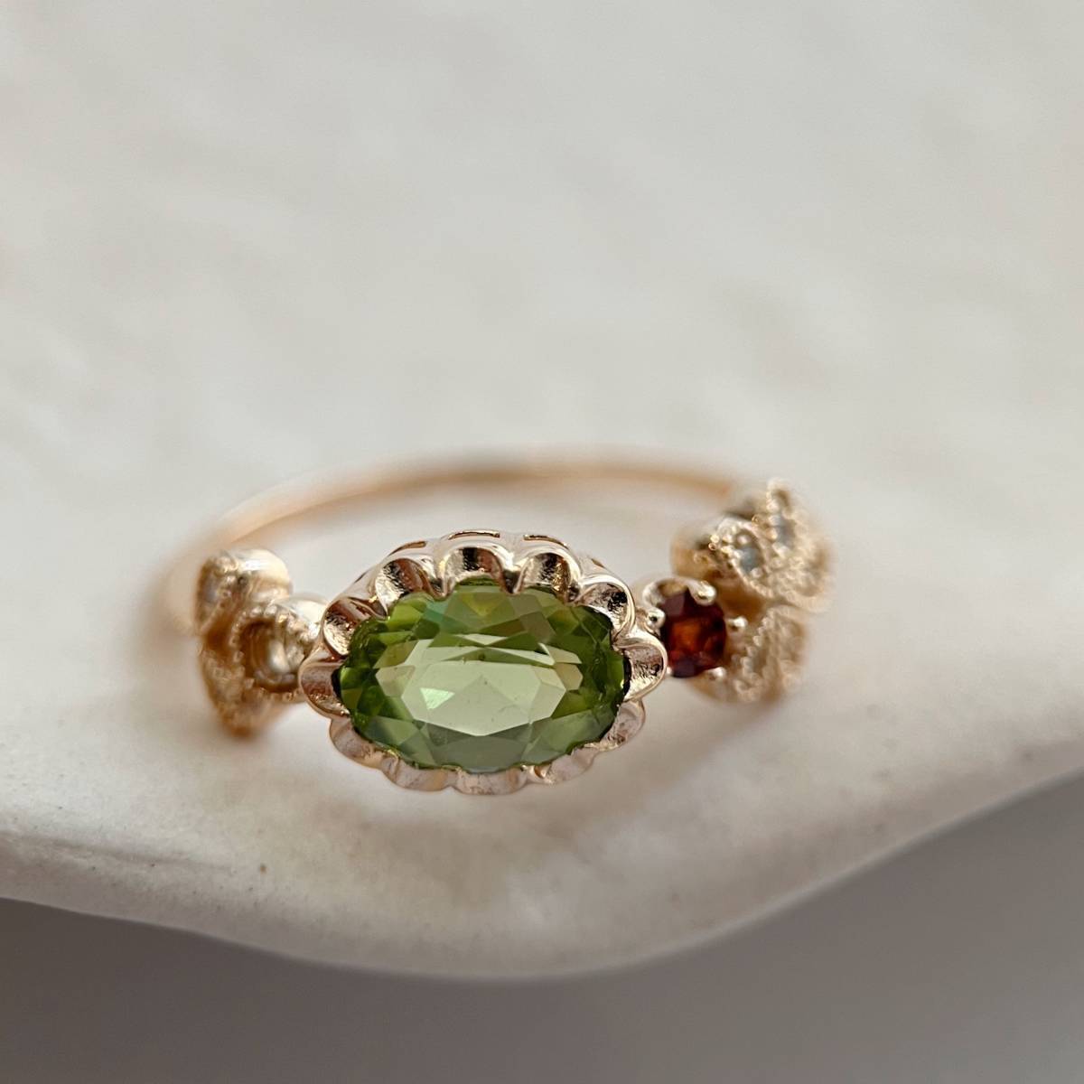 天然ペリドット＆ガーネット＆シトリン　フラワーリング　silver925製