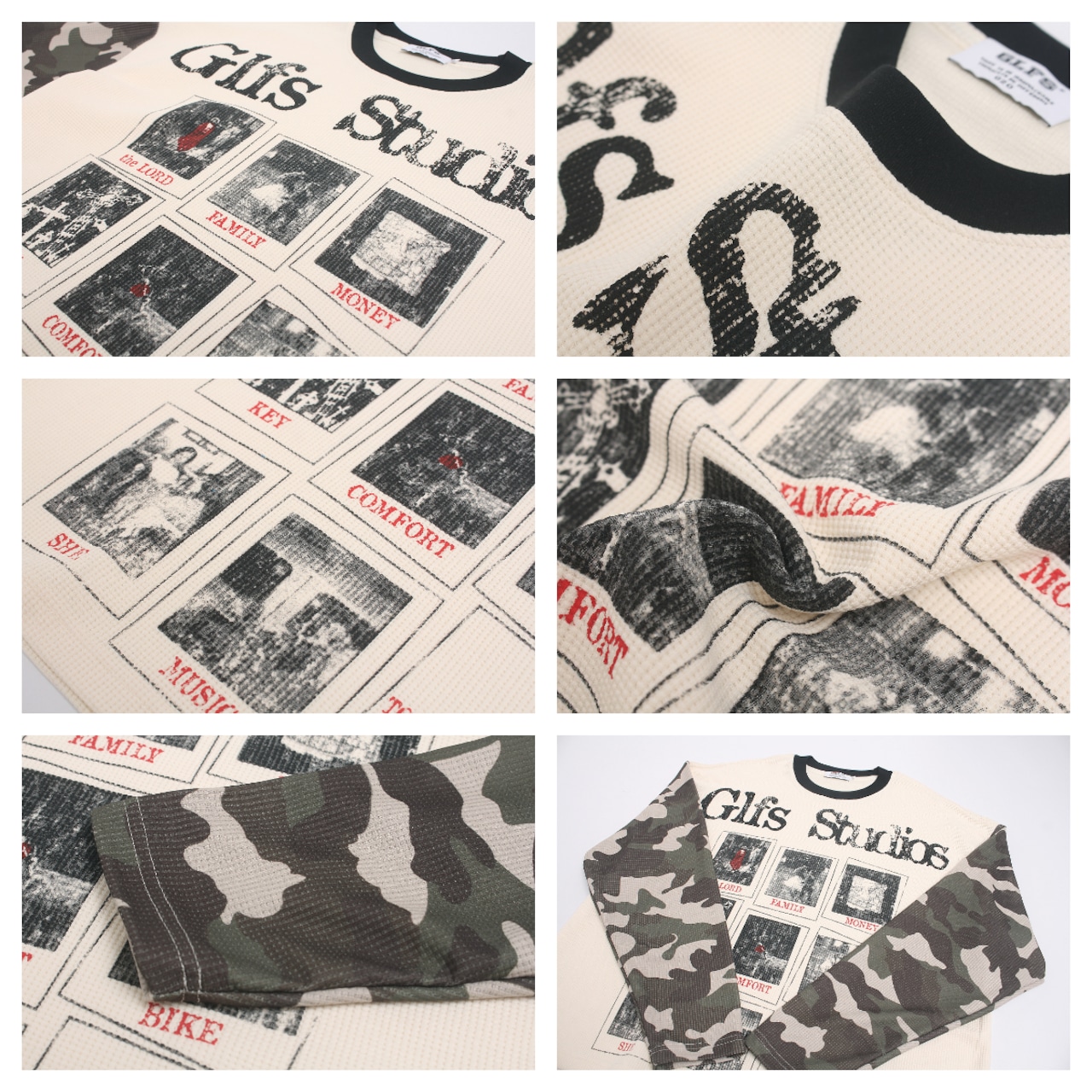 VINTAGE ストリート カモスリーブ ワッフルロングTシャツ T2231