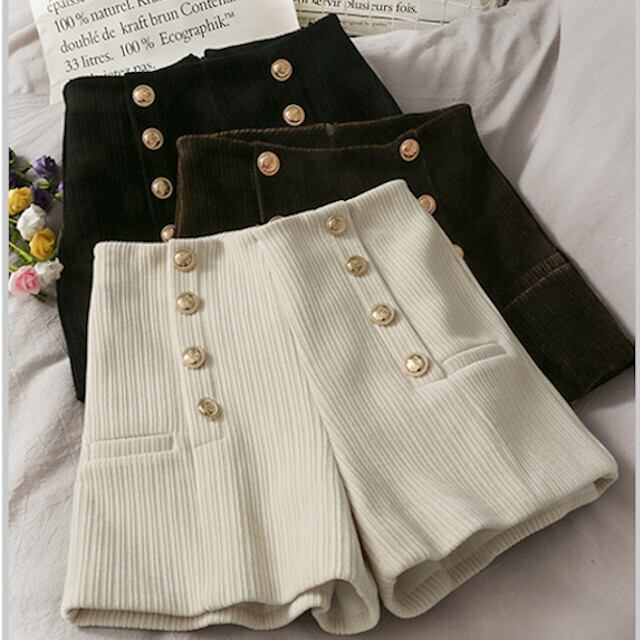 全3色 オフホワイト/ブラック/ブラウン ダブルブレストショートパンツ ショーパン Aライン ハイウエスト ワイド S/M/L/XL