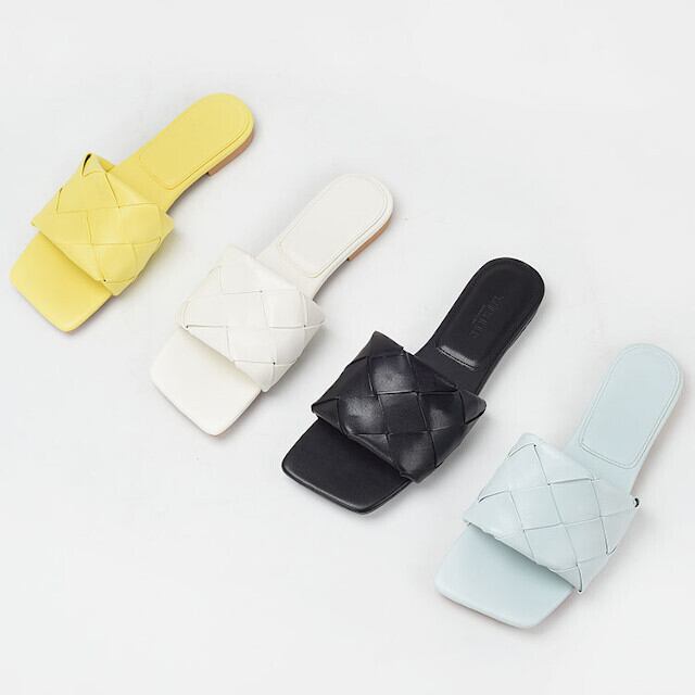 レディース サンダル 編み スクエアトゥ オープントゥ スリッパ ローヒール ぺたんこ 全4色 ブラック/ホワイト/イエロー/ブルー 22cm/22.5cm/23cm/23.5cm/24cm/24.5cm