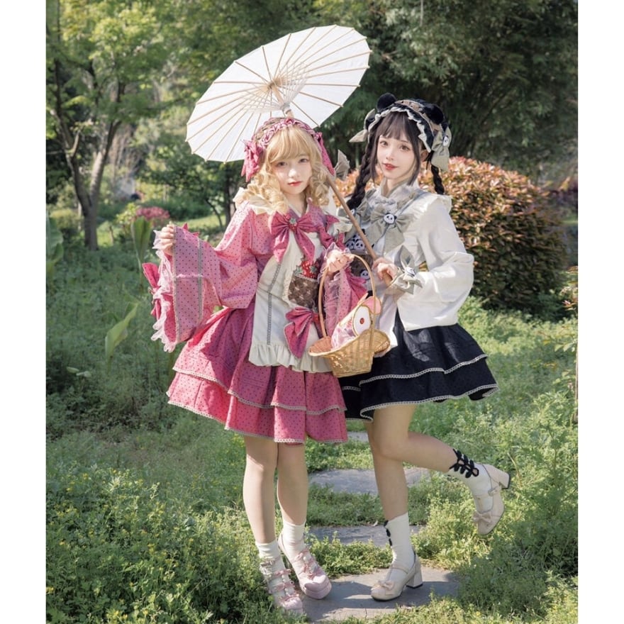 ロリータファッション 華ロリ中華風セットアップ パンダ柄とイチゴ柄