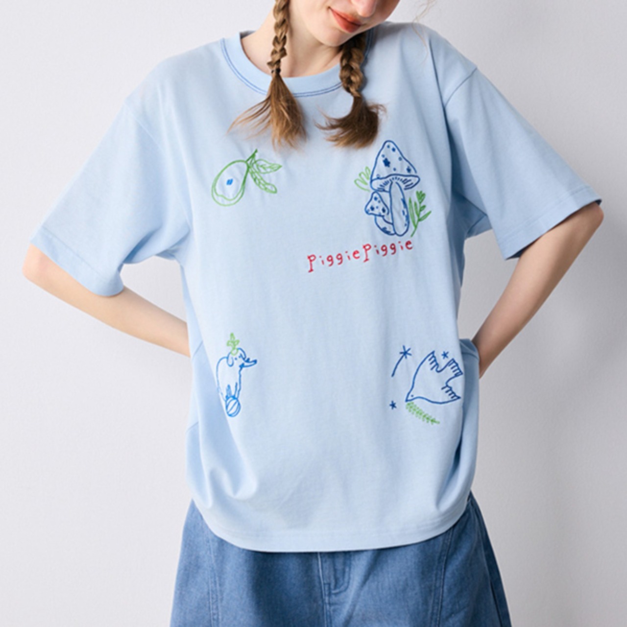 【2color】キュートなイラスト刺繍入り♡ラウンドネックTシャツ 《P0188》