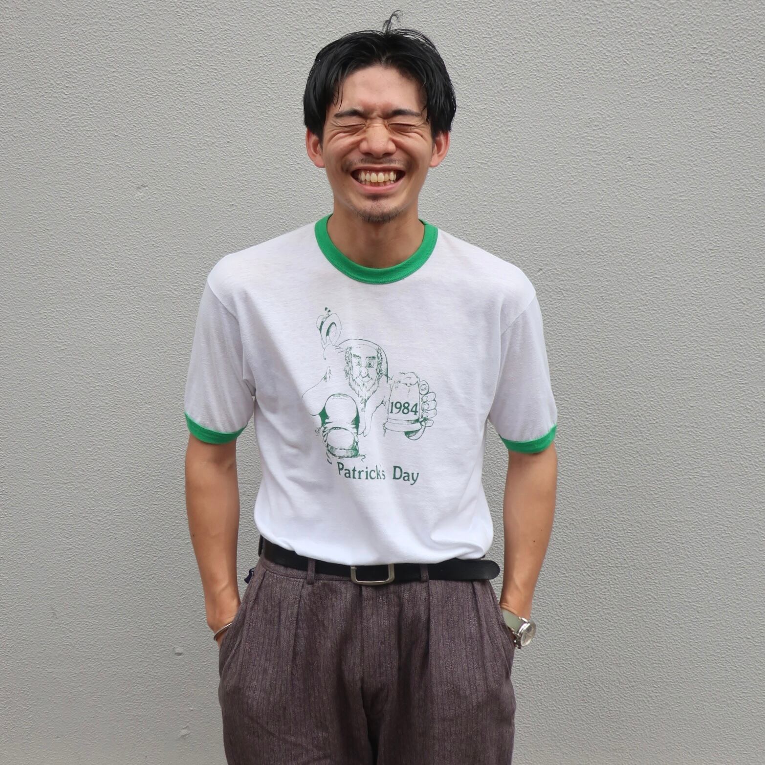 USA製 80年代 “L” Hanes ヘインズ リンガーTシャツ 緑×白 グリーン ...