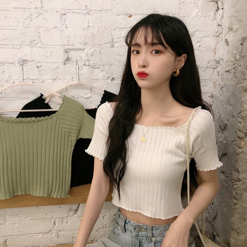 ニットTシャツ シャツ オータムスリムフィット薄手ショートトップス 大人ガーリー スウィート キュート カジュアル 秋物 スクウェア 萌量不足62172181979