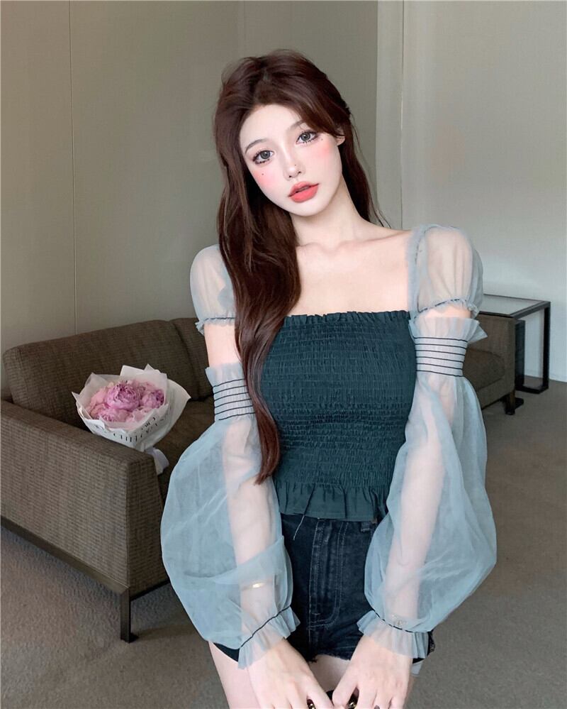 メッシュシャツ ショートカラーサマートップス ロング ランタンスリーブ 夏物 スクウェア YY-ファッション55302331076