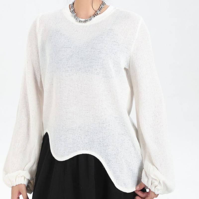 アシンメトリー カールヘム ロングスリーブニットプルオーバー 2color T0487