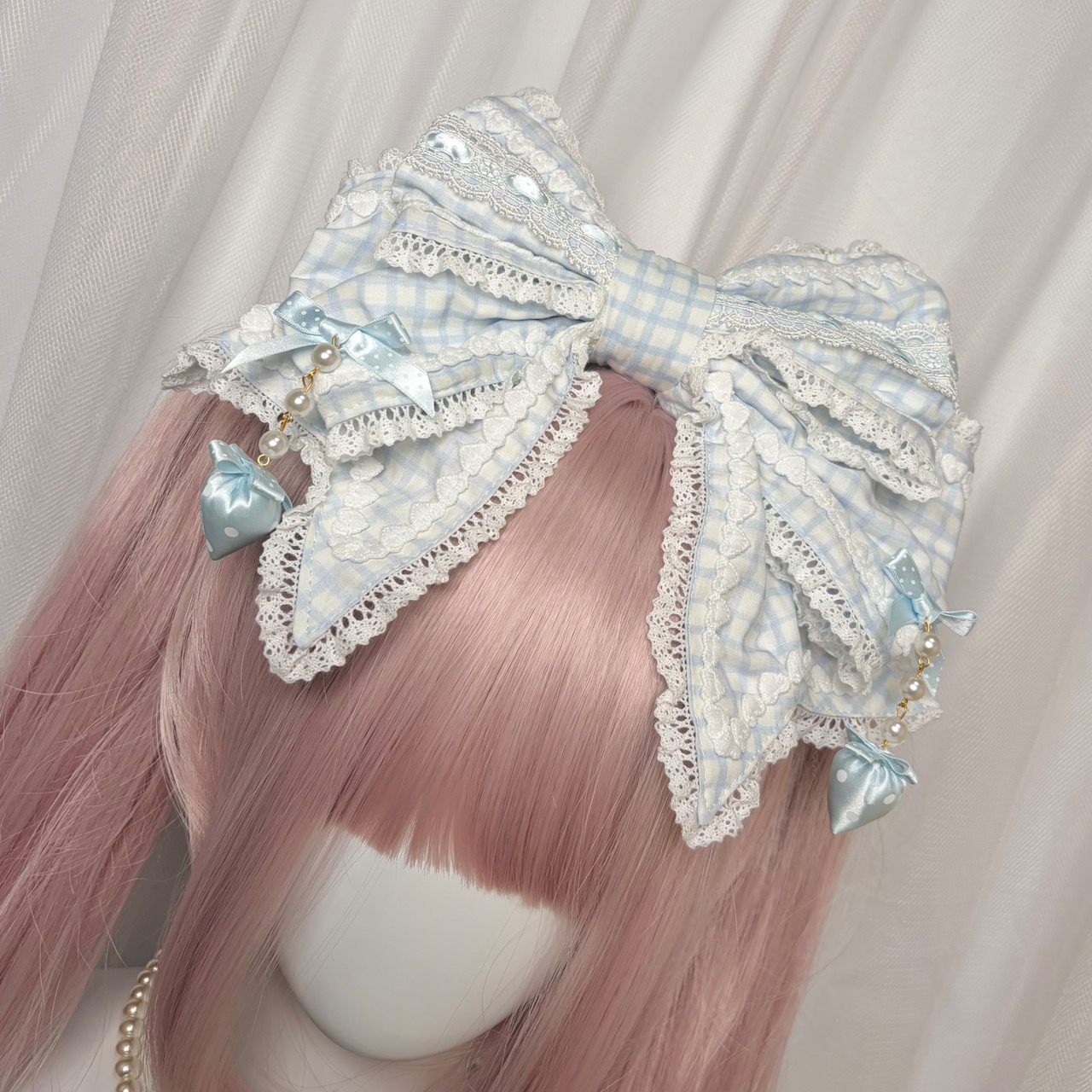 ♡【全3色】MAID Strawberry ギンガムチェック ドット柄リボンフリルカチューシャ red ♡