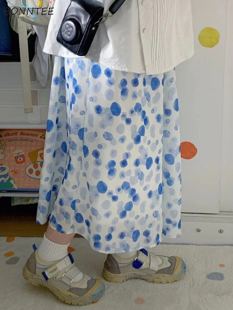 【新作】【送料無料】 ミディスカート女性甘いファルダシンプルなオールマックスレジャー夏デザインプリント和風 A ライン学生入札エレガントエンパイア 0245279615467