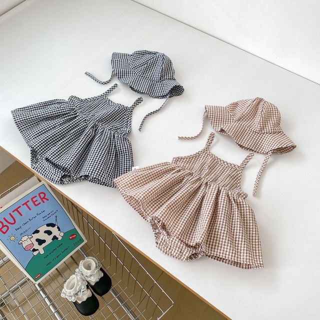 【セット】チェックキャミワンピ風ロンパース帽子セット - 4