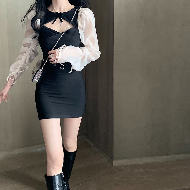 【新作】【送料無料】 フランスのセクシーな中空ヒップカバードレス女性のための春と秋の新しいスリムフィットとシックなリトルブラックドレス 0292393922085
