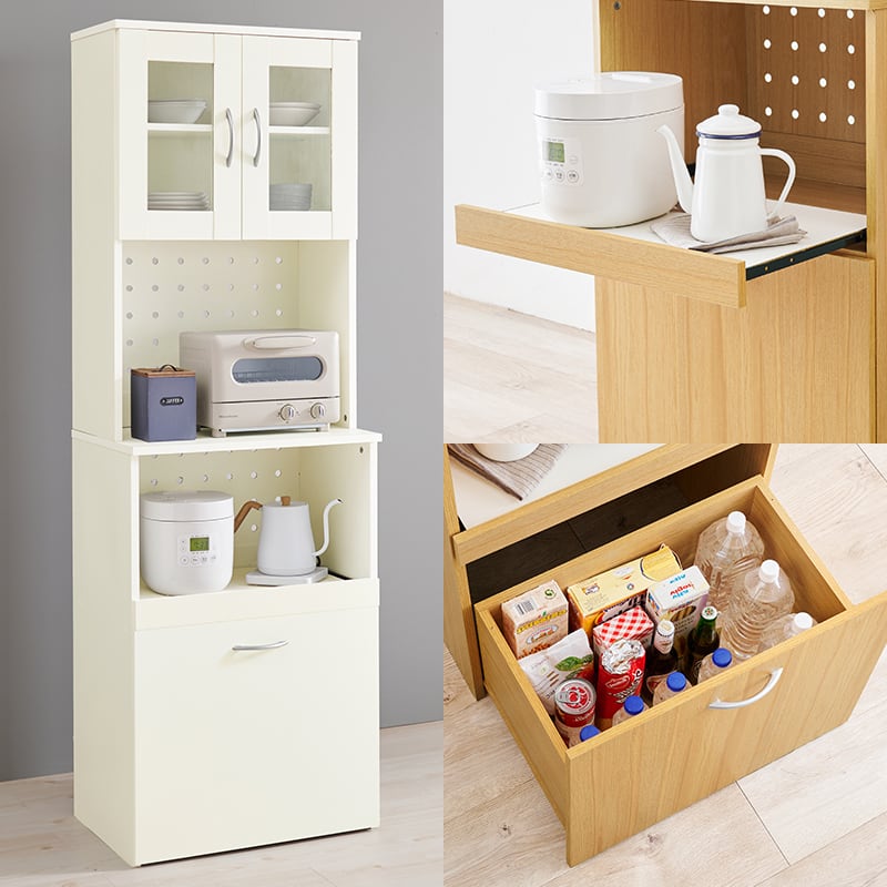 【組立式】キッチンボード キッチンラック 扉 スライド棚収納 3色展開 ワゴンタイプ 幅59cm