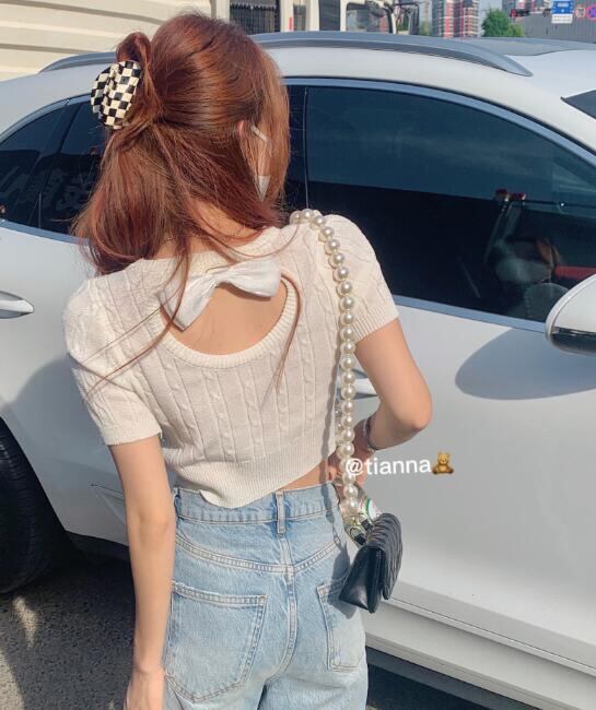 新作 レディース トップス 半袖 ニット カットソー ショート 細身スタイル