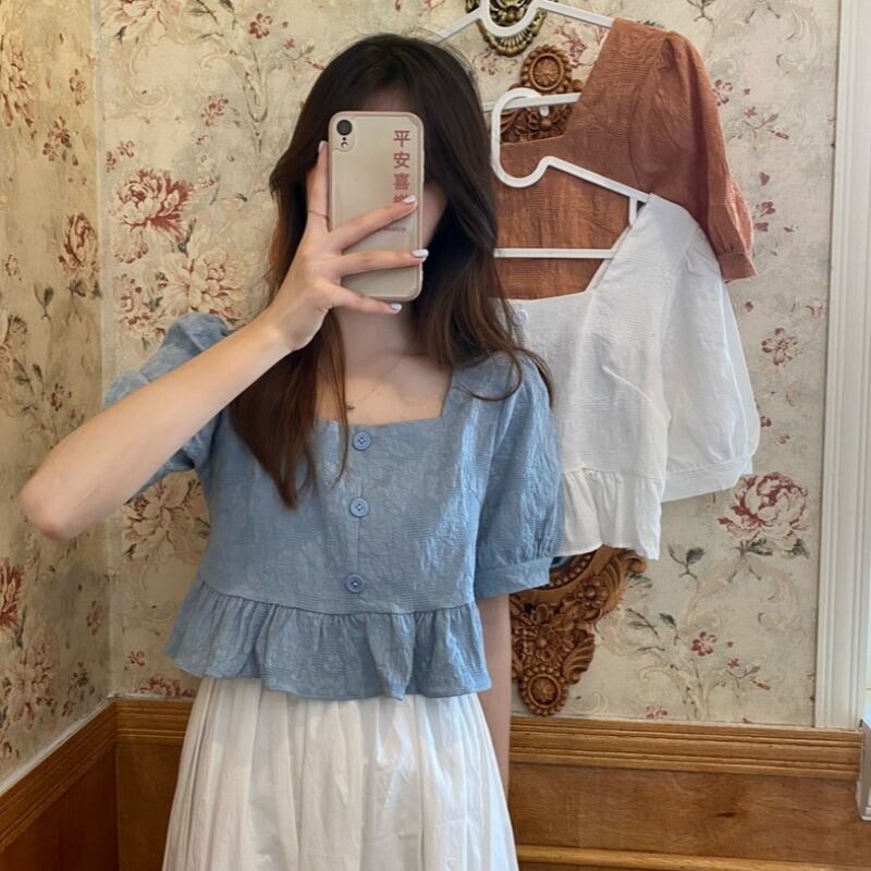 シャツ サマー薄手スタンダードカラールーズショートスリムトップス レトロ 夏物 スクウェア 1号婦人57505229517