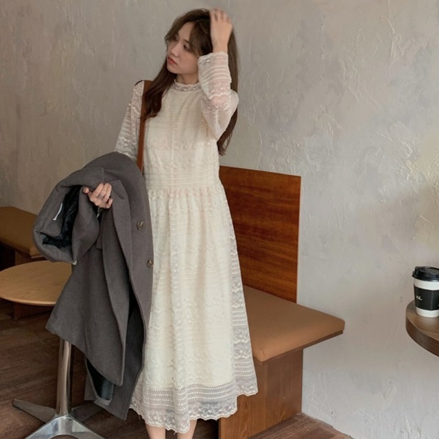 ホワイトレースドレス オータムウィンタースタイル薄手Aラインスカート 秋物 冬物 YY-ファッション984912275