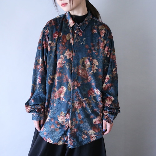beautiful flower pattern loose silhouette velours see-through shirt
