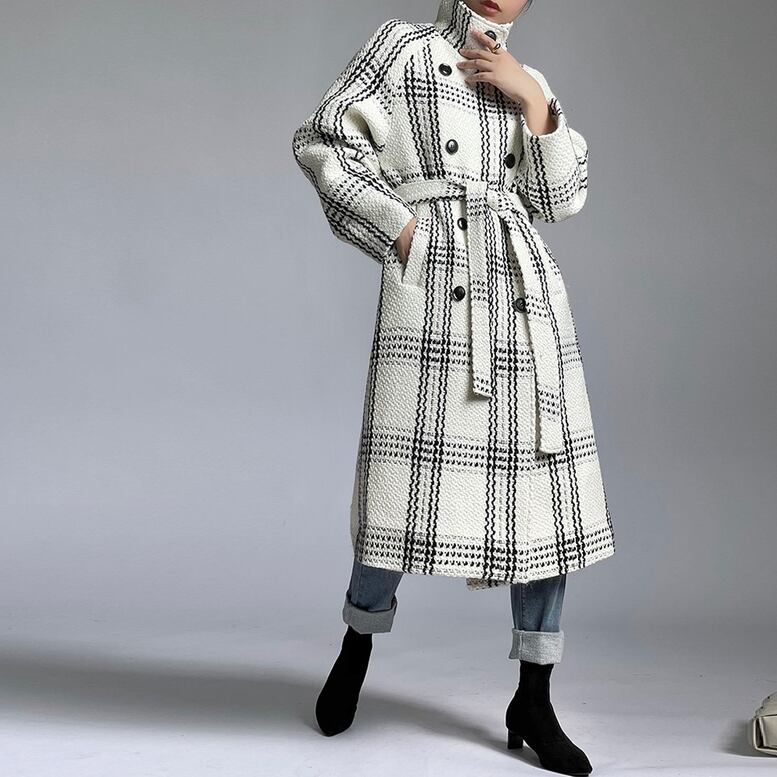 チェック柄ツイードコート】ハイネック ウエストリボン レトロ