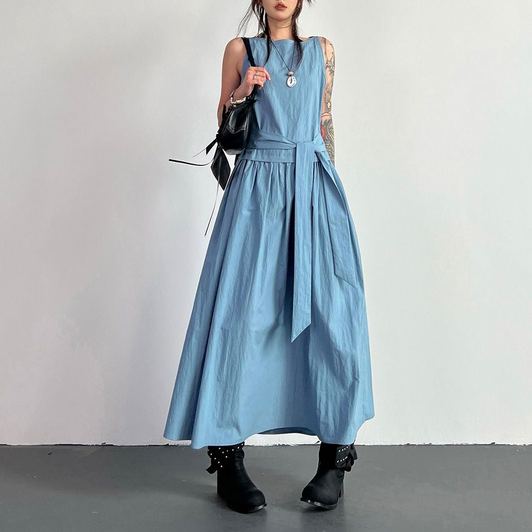 ADJUSTABLE WAIST SLEEVELESS NECK MAXI DRESS M-17839