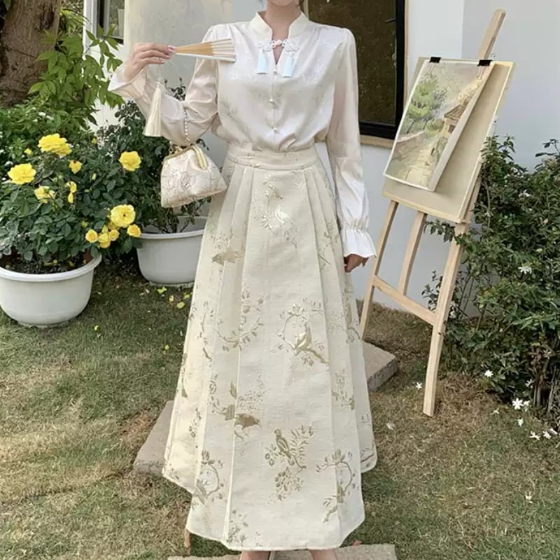 モダンチャイナトップス　金糸刺繍ロングスカート　セットアップ　YS00022