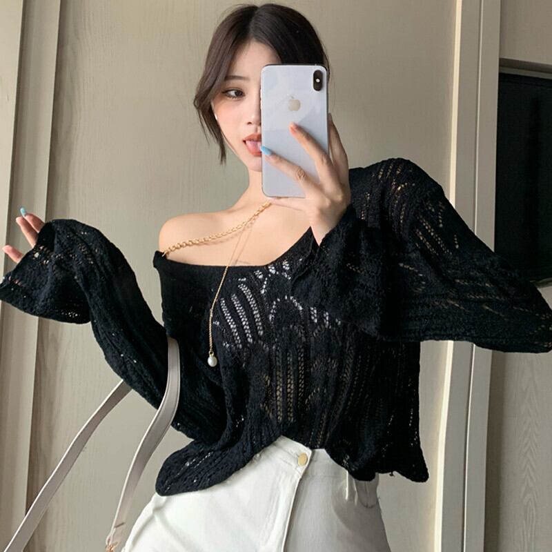 チェーン 薄手ニットセーター サマーブラックトップス カジュアルブラウス 大人ガーリー スウィート キュート 夏物 ガールズファッション11408930588
