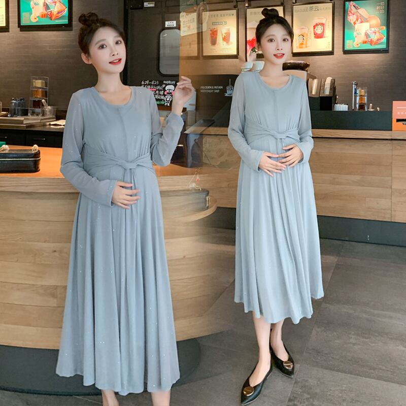 【新作】【送料無料】 9023＃秋のガーゼマタニティパーティーロングドレスネクタイウエストスリムな服妊娠中の女性妊娠 オータム 秋物 AL expec496649651439