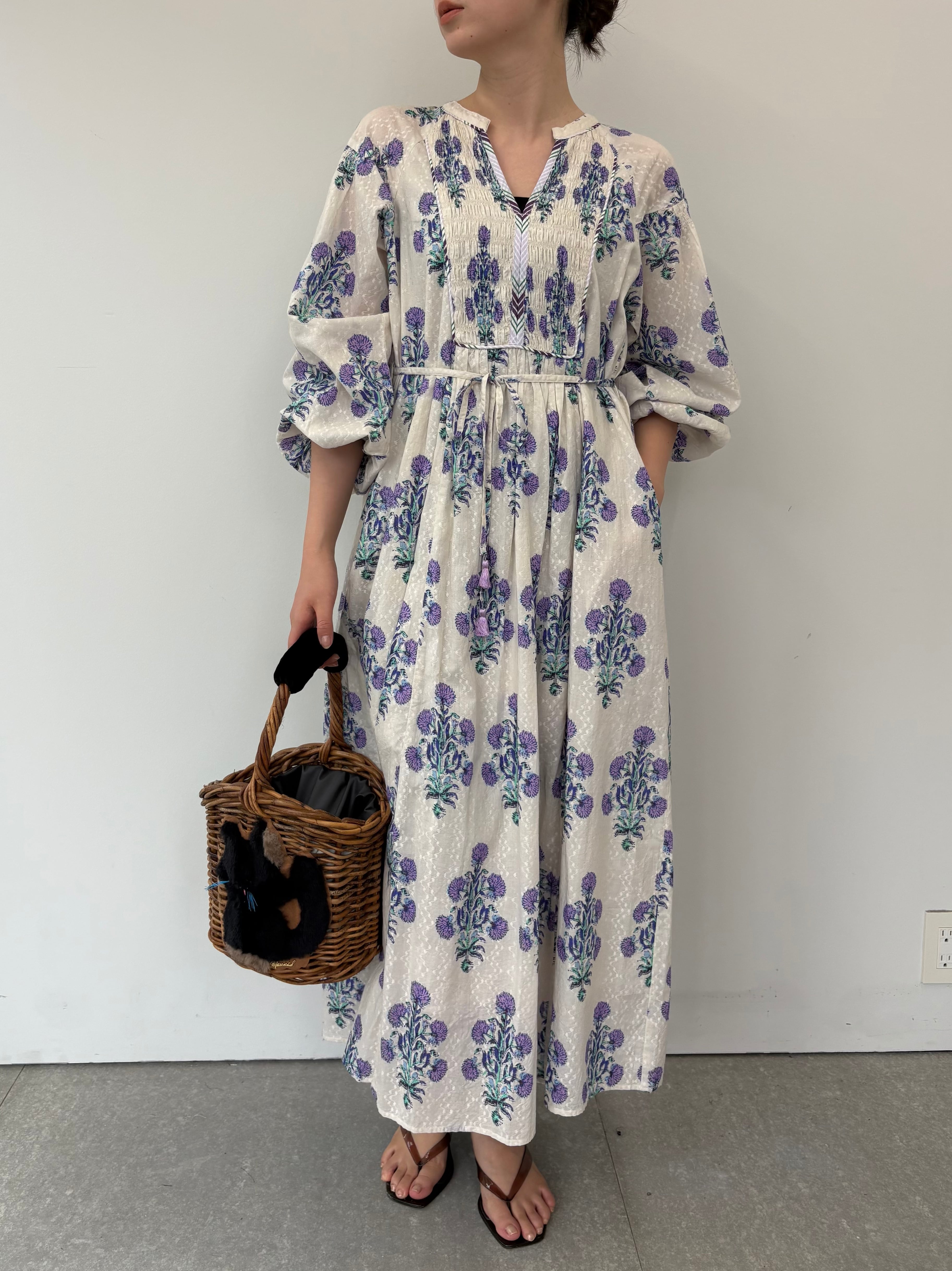 ne Quittez pas Cotton Jacquard Marigold Print Shirring Dress