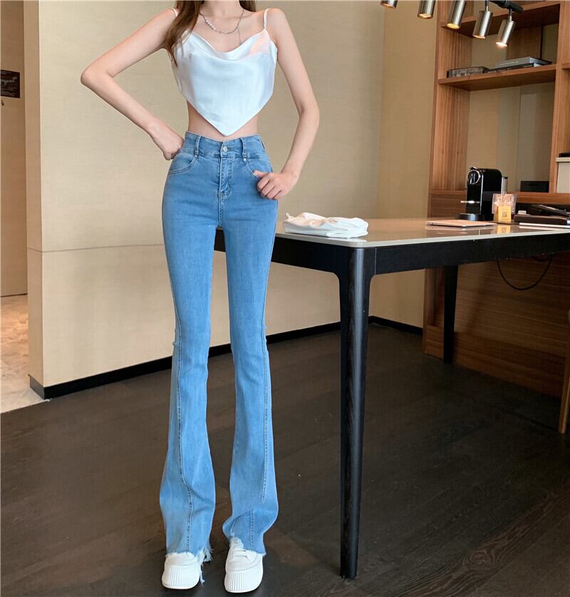 ジーンズ ウェストスリムパンツ サマースタンダード薄手 レッド レトロ 夏物 ワイドレッグ ワイドパンツ ブラックストロベリース5369537283