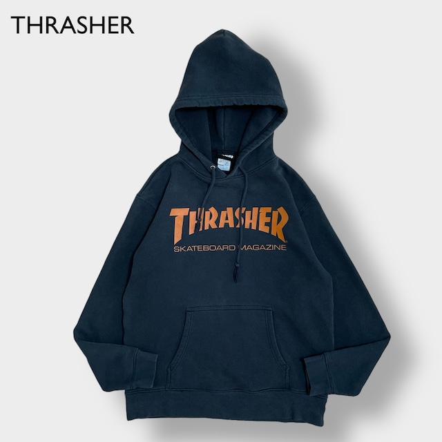 THRASHER スウェット パーカー ロゴ フーディー プルオーバー L ブラック スケボー ボード スラッシャー us古着