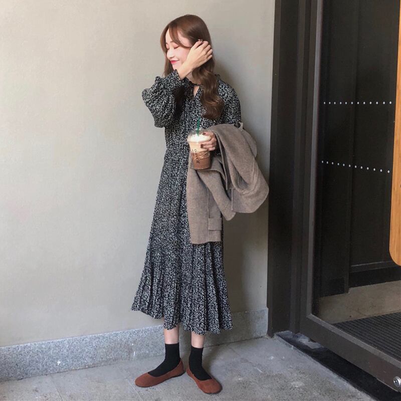 花柄長袖シフォンワンピース気質ミドル丈スタイル2020春秋トレンドカジュアルレトロベーススカート YY-ファッション35734351007