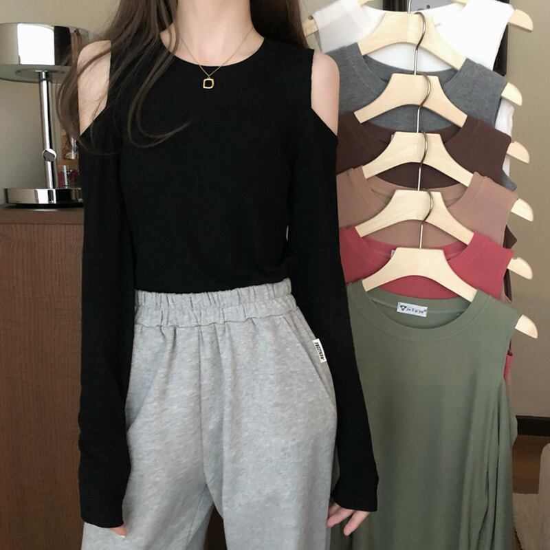 ソリッド カラーストラップレスTシャツ シャツ スプリングオータムスリムショートトップス ロング 春物 秋物 ソリッドカラー 萌量不足64488923197