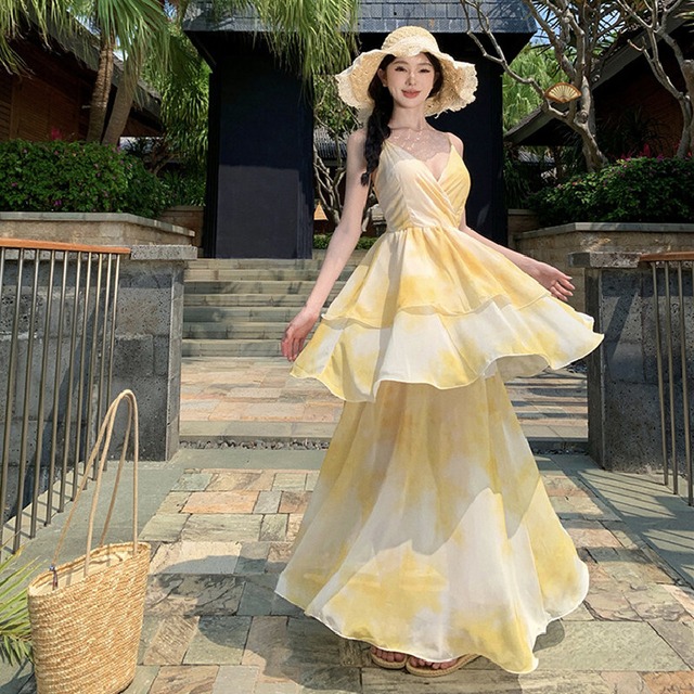 【SummerVacationシリーズ】ワンピース にじみパッチワーク ティアード イエロー S M L