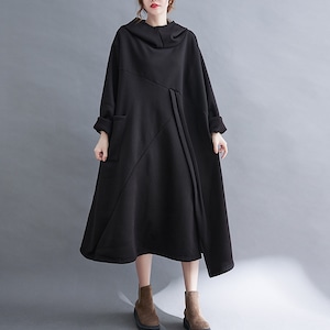 SOLID HOODED A-LINE MIDI PULLOVER DRESS 2colors M-6176