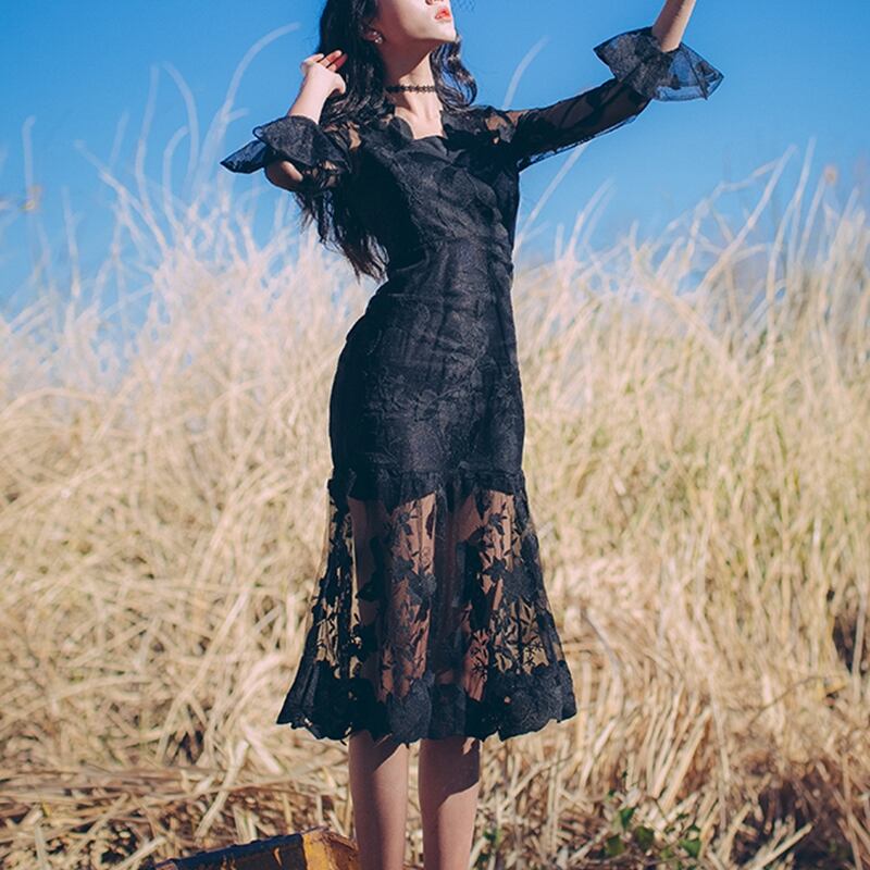 黒レース 花柄 シースルー ワンピース