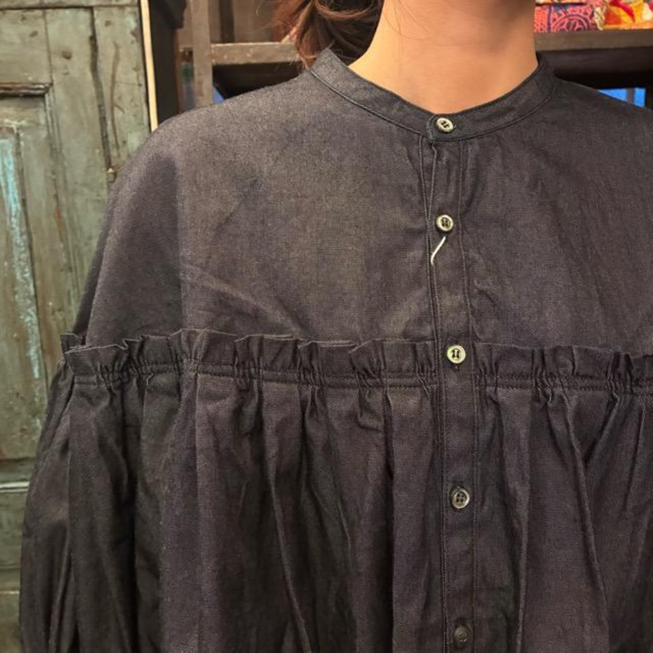 UNIVERSAL TISSU 5.4oz Denim Band Collar Blouse, Shirt, Outerwear, Cotton, Linen